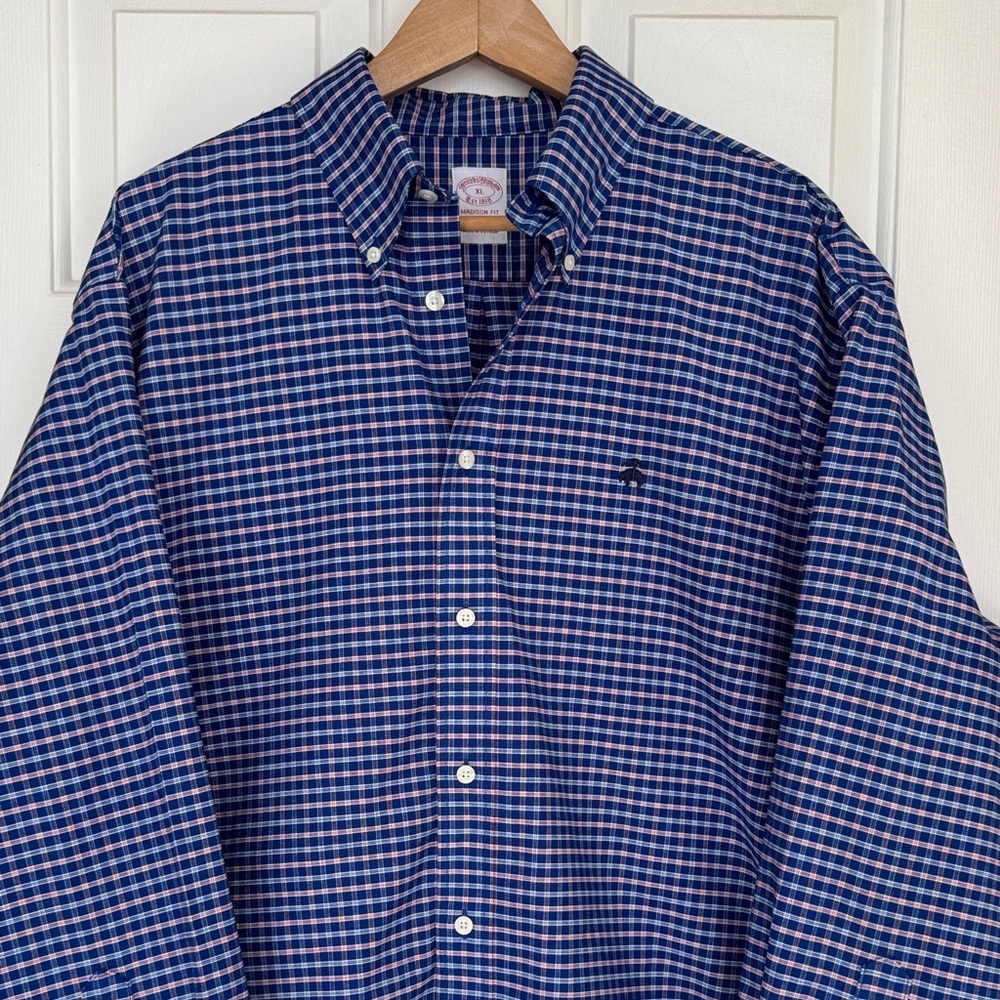 Brooks Brothers Navy and Pink Plaid Button-Down Shirt